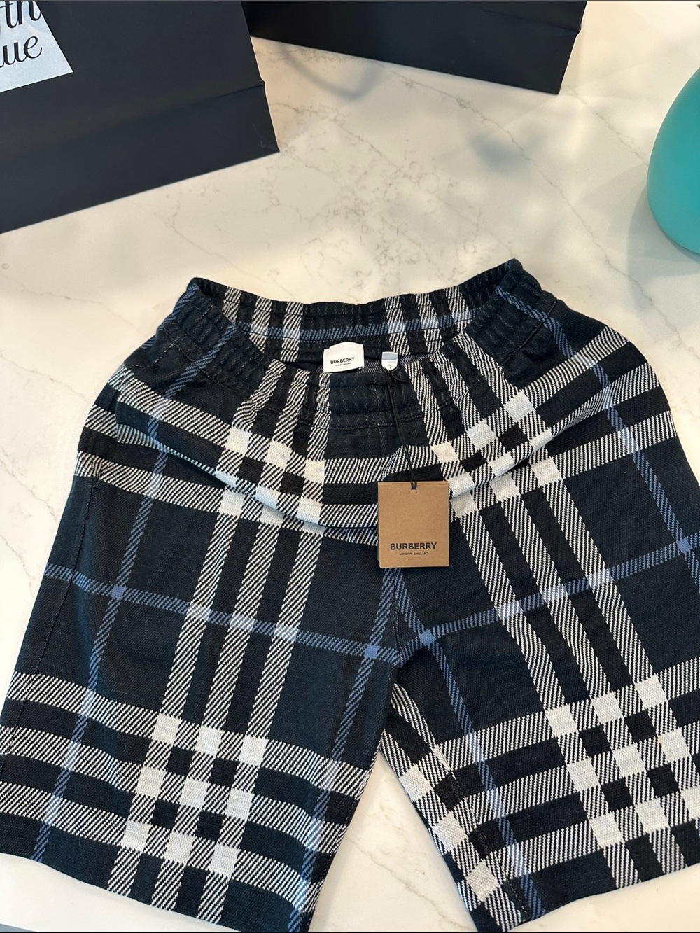 Burberry Navy, Black & White Plaid Shorts